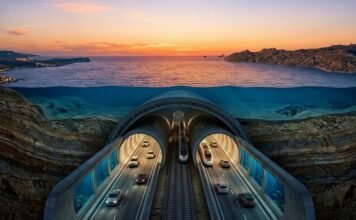 Un tunnel sottomarino tra Sicilia e Tunisia: il mega progetto da 40 miliardi che cambierà il Mediterraneo Rappresentazione grafica del tunnel sottomarino tra Sicilia e Tunisia