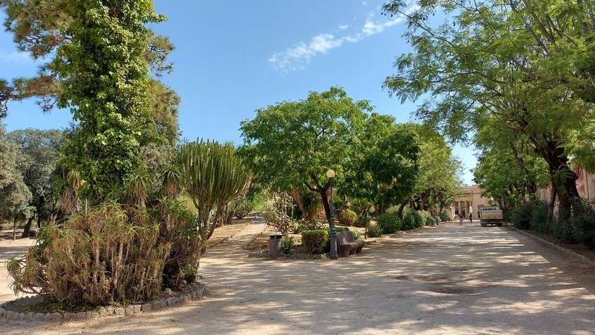 Uno dei vialetti di Villa Giulia. Sullo sfondo la struttura che ospita il bar della villa.
